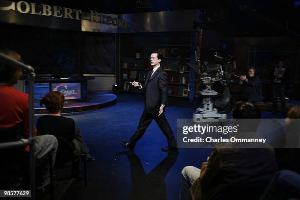 Behind the scenes on the set of the Comedy Central hit show "The Colbert Report" January 3, 2006 in New York City with host Stephen Colbert.