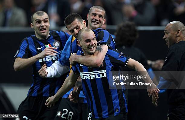 Wesley Sneijder of Inter celebrates his teams third goal during the UEFA Champions League Semi Final 1st Leg match between Inter Milan and Barcelona...