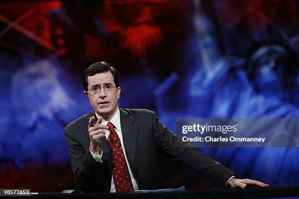 Behind the scenes on the set of the Comedy Central hit show "The Colbert Report" January 3, 2006 in New York City with host Stephen Colbert.