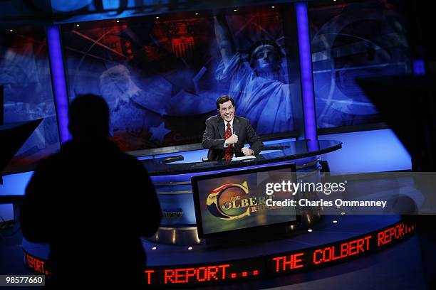 Behind the scenes on the set of the Comedy Central hit show "The Colbert Report" January 3, 2006 in New York City with host Stephen Colbert.