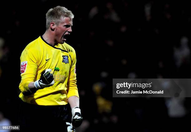 Goalkeeper Kasper Schmeichel of Notts County celebrates victory at the end of the Coca Cola League 2 match between Notts County and Rochdale at the...