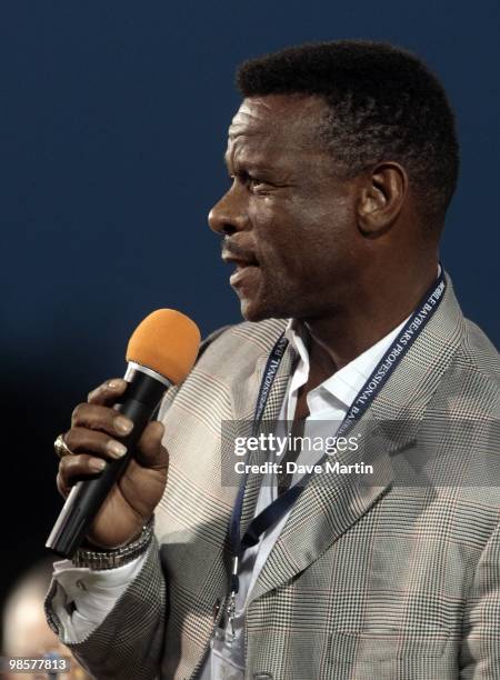 Hall of Famer Rickey Henderson makes remarks during pre-game ceremonies following the opening the Hank Aaron Museum at the Hank Aaron Stadium on...