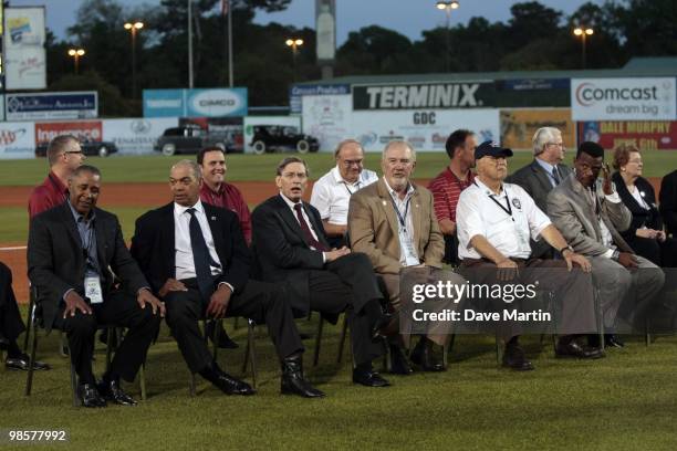 Hall of Famers attend pre-game ceremonies following the opening the Hank Aaron Museum at the Hank Aaron Stadium on April 14, 2010 in Mobile, Alabama....