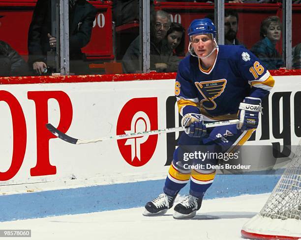 Brett Hull of the St. Louis Blues skates against the Montreal Canadiens in the 1990's at the Montreal Forum in Montreal, Quebec, Canada.