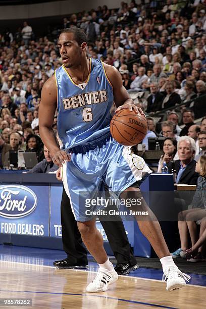 Arron Afflalo of the Denver Nuggets dribbles during the game against the Dallas Mavericks at American Airlines Center on March 29, 2010 in Dallas,...