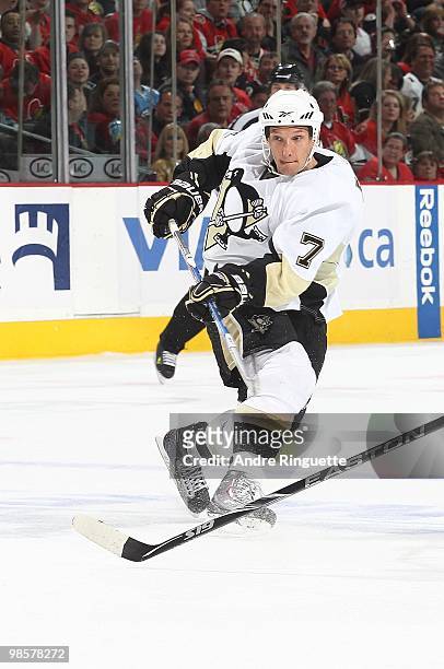 Mark Eaton of the Pittsburgh Penguins shoots the puck against the Ottawa Senators in Game Three of the Eastern Conference Quarterfinals during the...