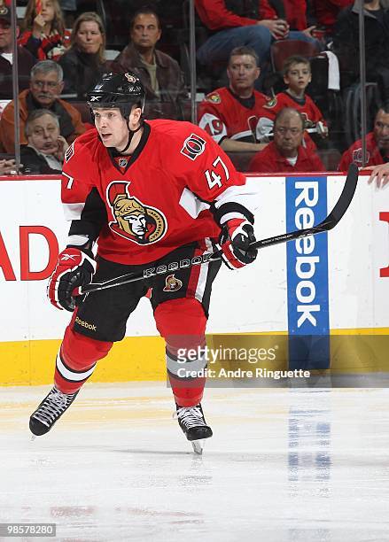 Zack Smith of the Ottawa Senators skates against the Pittsburgh Penguins in Game Three of the Eastern Conference Quarterfinals during the 2010 NHL...