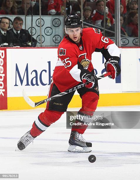 Erik Karlsson of the Ottawa Senators skates against the Pittsburgh Penguins in Game Three of the Eastern Conference Quarterfinals during the 2010 NHL...