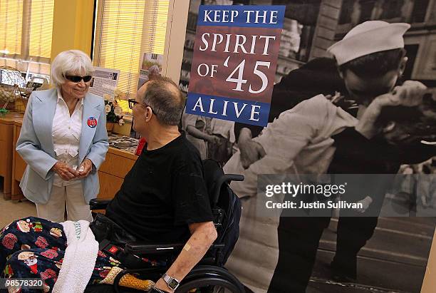 Ninety one-year-old Edith Shain meets with a veteran at the San Francisco VA Medical Center April 20, 2010 in San Francisco, California. Shain, who...