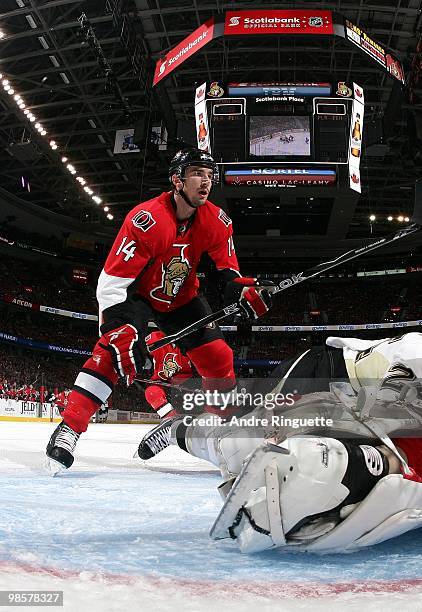 Chris Campoli of the Ottawa Senators skates against the Pittsburgh Penguins in Game Three of the Eastern Conference Quarterfinals during the 2010 NHL...