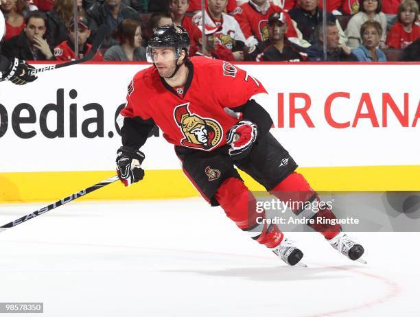 Matt Cullen of the Ottawa Senators skates against the Pittsburgh Penguins in Game Three of the Eastern Conference Quarterfinals during the 2010 NHL...