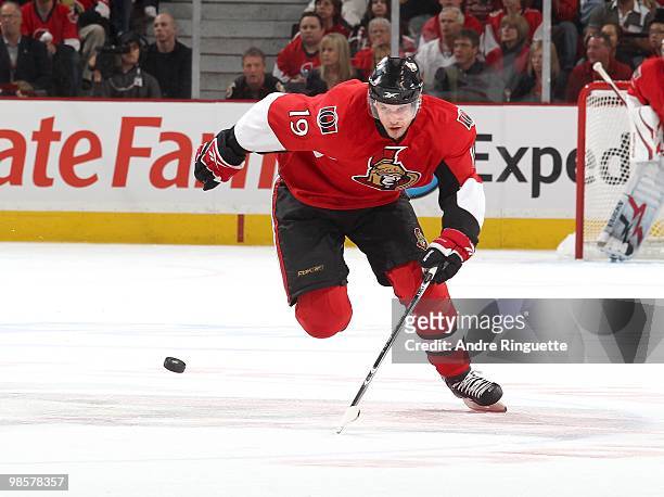 Jason Spezza of the Ottawa Senators skates against the Pittsburgh Penguins in Game Three of the Eastern Conference Quarterfinals during the 2010 NHL...