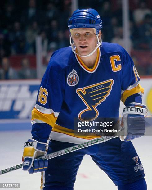 Brett Hull of the St. Louis Blues skates against the Montreal Canadiens in the 1990's at the Montreal Forum in Montreal, Quebec, Canada.