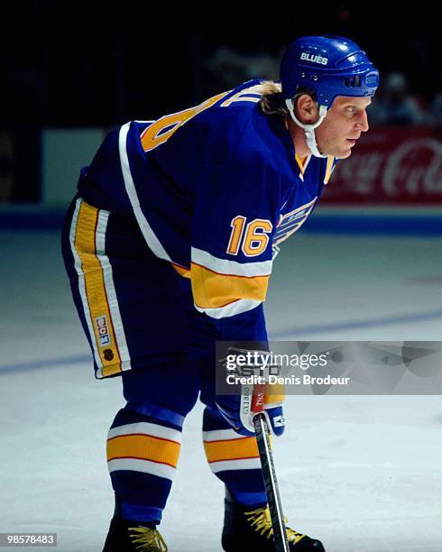 Brett Hull of the St. Louis Blues skates against the Montreal Canadiens in the 1990's at the Montreal Forum in Montreal, Quebec, Canada.