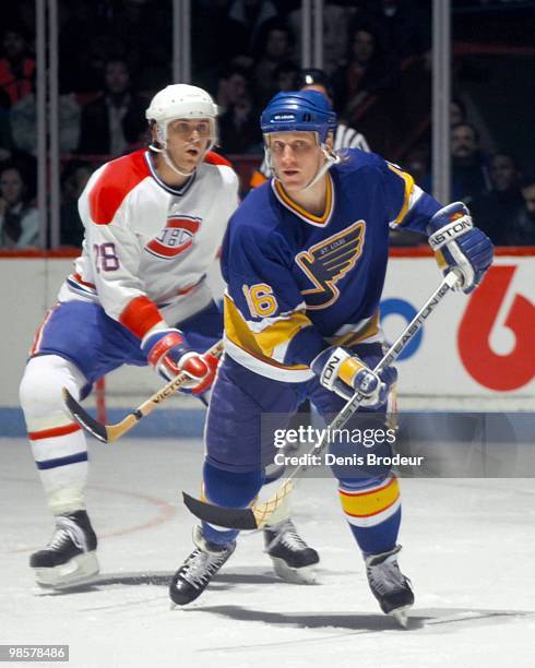 Brett Hull of the St. Louis Blues skates against the Montreal Canadiens in the 1990's at the Montreal Forum in Montreal, Quebec, Canada.