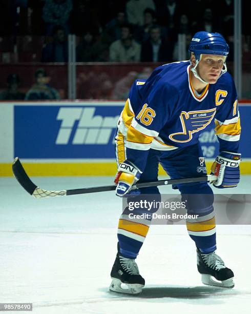 Brett Hull of the St. Louis Blues skates against the Montreal Canadiens in the 1990's at the Montreal Forum in Montreal, Quebec, Canada.