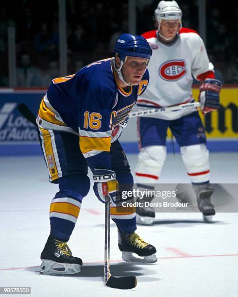 Brett Hull of the St. Louis Blues skates against the Montreal Canadiens in the 1990's at the Montreal Forum in Montreal, Quebec, Canada.