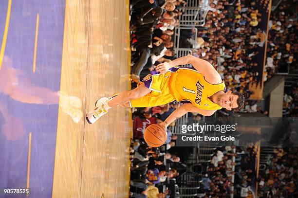 Jordan Farmar of the Los Angeles Lakers dribble the ball against the Indiana Pacers during the game on March 2, 2010 at Staples Center in Los...