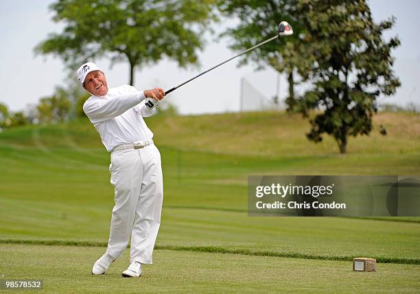 Gary Player of South Africa tees off on during the final round the Demaret Division at the Liberty Mutual Legends of Golf at The Westin Savannah...