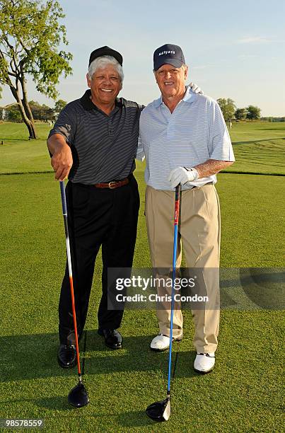 Lee Trevino and Mike Hill pose on the first tee during the final round the Demaret Division at the Liberty Mutual Legends of Golf at The Westin...