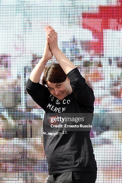 President of Italian medical charity Emergency Cecilia Strada delivers a speech during a demonstration to support three Emergency employees held in...