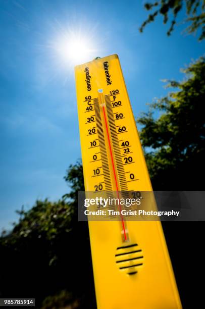 a yellow thermometer against a bright sunlit sky - caldo foto e immagini stock