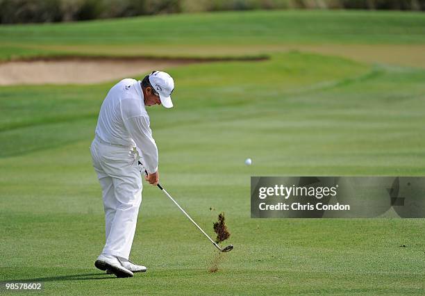 Gary Player of South Africa hits to the 10th green during the final round the Demaret Division at the Liberty Mutual Legends of Golf at The Westin...