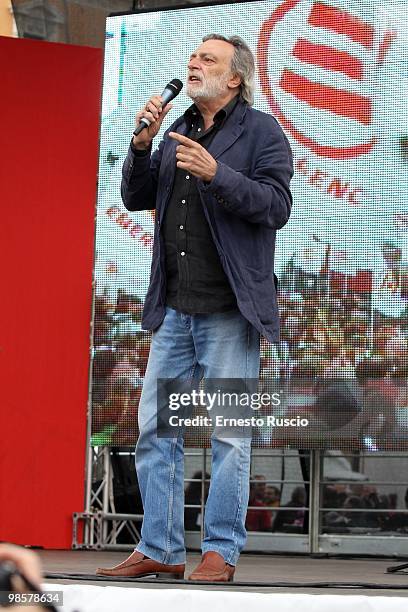 Fondator of Italian medical charity Emergency Gino Strada delivers a speech during a demonstration to support three Emergency employees held in...