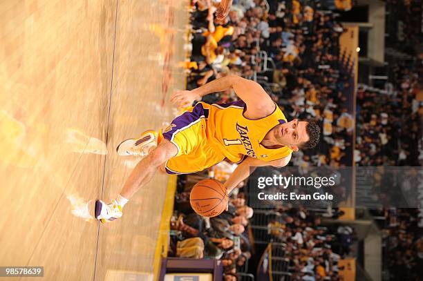 Jordan Farmar of the Los Angeles Lakers dribble the ball against the Indiana Pacers during the game on March 2, 2010 at Staples Center in Los...