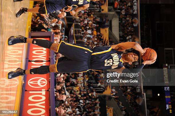 Danny Granger of the Indiana Pacers shoots the jump shot against the Los Angeles Lakers during the game on March 2, 2010 at Staples Center in Los...