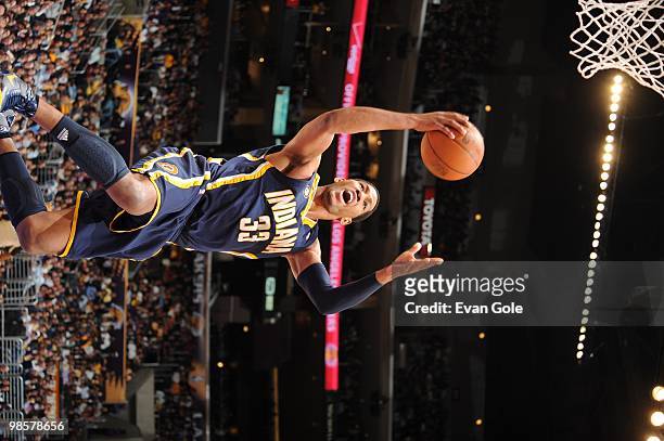 Danny Granger of the Indiana Pacers lays up a shot against the Los Angeles Lakers during the game on March 2, 2010 at Staples Center in Los Angeles,...