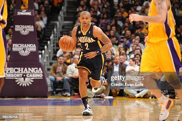 Earl Watson of the Indiana Pacers dribbles the ball upcourt against the Los Angeles Lakers during the game on March 2, 2010 at Staples Center in Los...