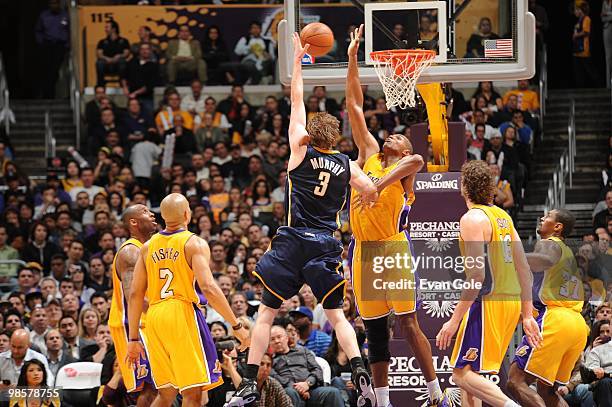 Troy Murphy of the Indiana Pacers lays up a shot against the Los Angeles Lakers during the game on March 2, 2010 at Staples Center in Los Angeles,...