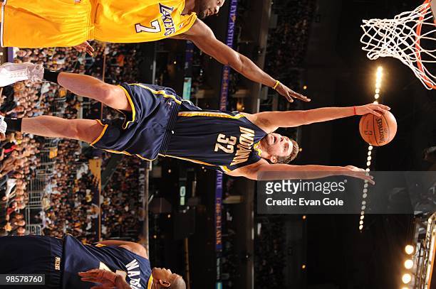 Josh McRoberts of the Indiana Pacers lays up a shot against the Los Angeles Lakers during the game on March 2, 2010 at Staples Center in Los Angeles,...