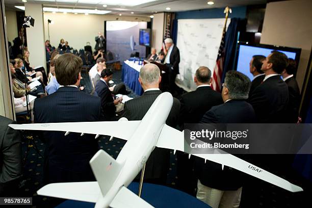 Model airplane sits on display at a news conference announcing that European Aeronautic, Defence & Space Co. Will bid on a contract to build...