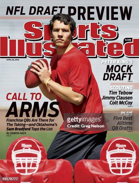 April 26, 2010 Sports Illustrated via Getty Images Cover: Football: NFL Draft Preview: NFL prospect and former University of Oklahoma QB Sam Bradford...