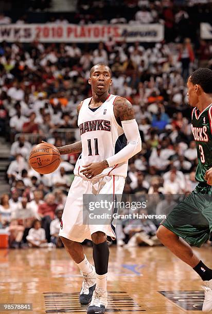 Jamal Crawford of the Atlanta Hawks dribbles against the Milwaukee Bucks in Game One of the Eastern Conference Quarterfinals during the 2010 NBA...