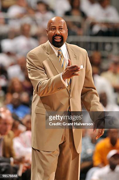 Head coach Mike Woodson of the Atlanta Hawks looks on during the game against the Milwaukee Bucks in Game One of the Eastern Conference Quarterfinals...