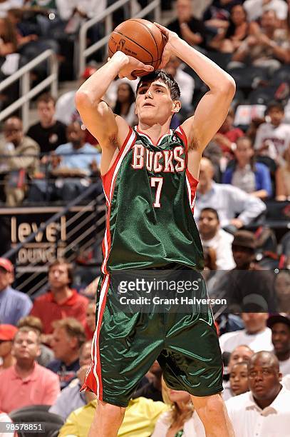 Ersan Ilyasova of the Milwaukee Bucks shoots against the Atlanta Hawks in Game One of the Eastern Conference Quarterfinals during the 2010 NBA...