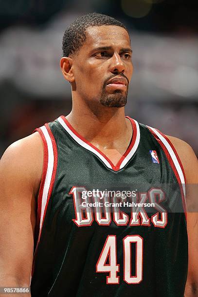 Kurt Thomas of the Milwaukee Bucks looks on against the Atlanta Hawks in Game One of the Eastern Conference Quarterfinals during the 2010 NBA...