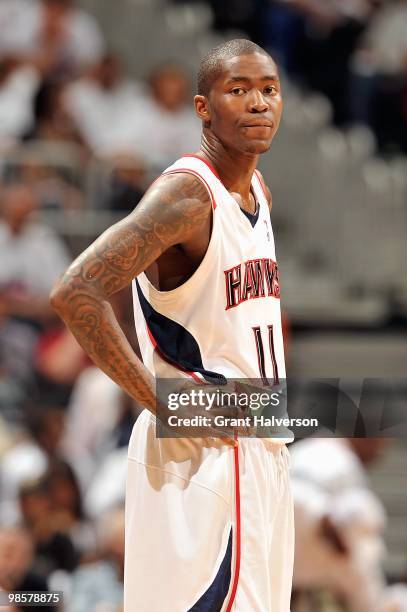 Jamal Crawford of the Atlanta Hawks looks on against the Milwaukee Bucks in Game One of the Eastern Conference Quarterfinals during the 2010 NBA...