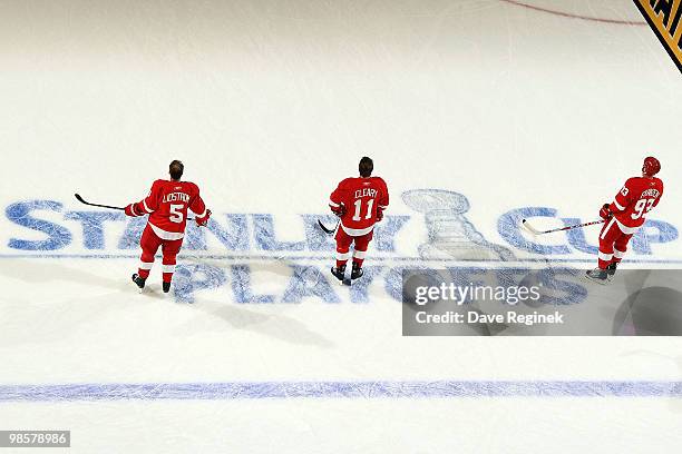 Nicklas Lidstrom, Dan Cleary and Johan Franzen of the Detroit Red Wings get ready for their game against the Phoenix Coyotes before Game Four of the...