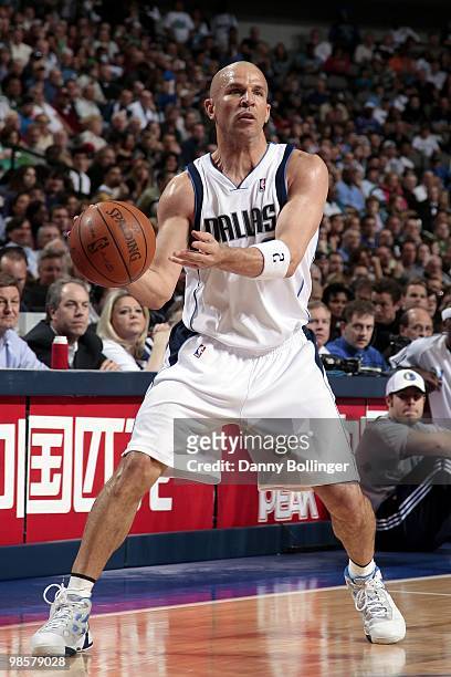 Jason Kidd of the Dallas Mavericks passes against the Denver Nuggets during the game at American Airlines Center on March 29, 2010 in Dallas, Texas....