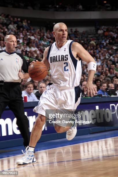 Jason Kidd of the Dallas Mavericks dribbles against the Denver Nuggets during the game at American Airlines Center on March 29, 2010 in Dallas,...