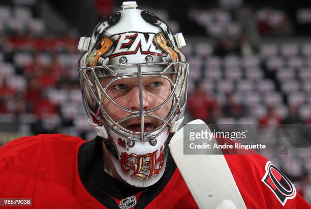 Brian Elliott of the Ottawa Senators looks on during warmups prior to a game against the Pittsburgh Penguins in Game Four of the Eastern Conference...