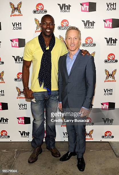 Terrell Owens and EVP of Original Programming and Production for Vh1 Jeff Olde pose backstage during the Vh1 Upfront 2010 at Pier 59 Studios on April...