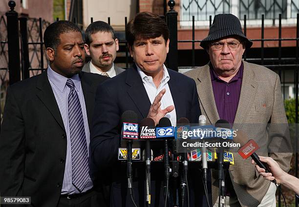 Former Illinois Governor Rod Blagojevich; flanked by members of his legal team Jason Wallace , Aaron Goldstein and Sam Adam , holds a press...