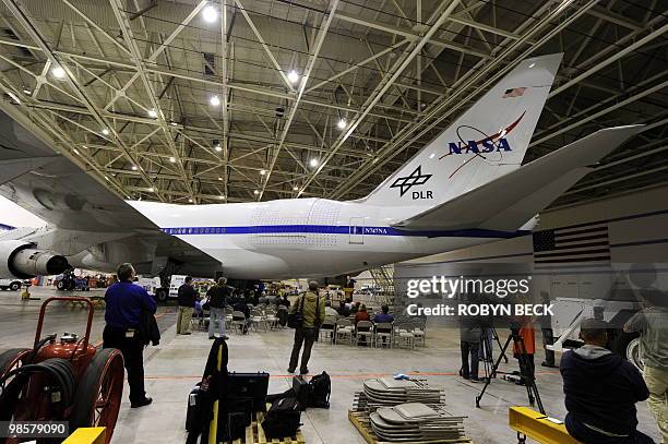 Journalist view NASA's Stratospheric Observatory for Infrared Astronomy April 20, 2010 on a media preview day at NASA Dryden Flight Research Center...