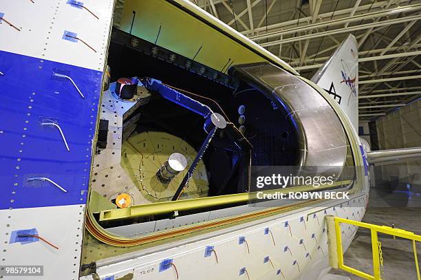 The telescope bay is shown at the first public viewing of the Stratospheric Observatory for Infrared Astronomy , a cooperative venture between NASA...