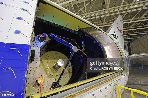 The telescope bay is shown at the first public viewing of the Stratospheric Observatory for Infrared Astronomy , a cooperative venture between NASA...